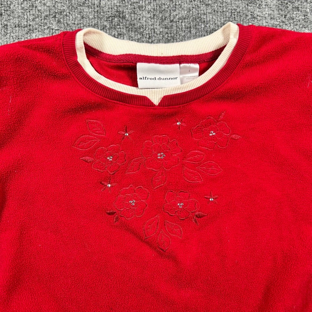 Alfred Dunner Sweatshirt Womens Size L Red Floral Embroidered Rhinestone Fleece